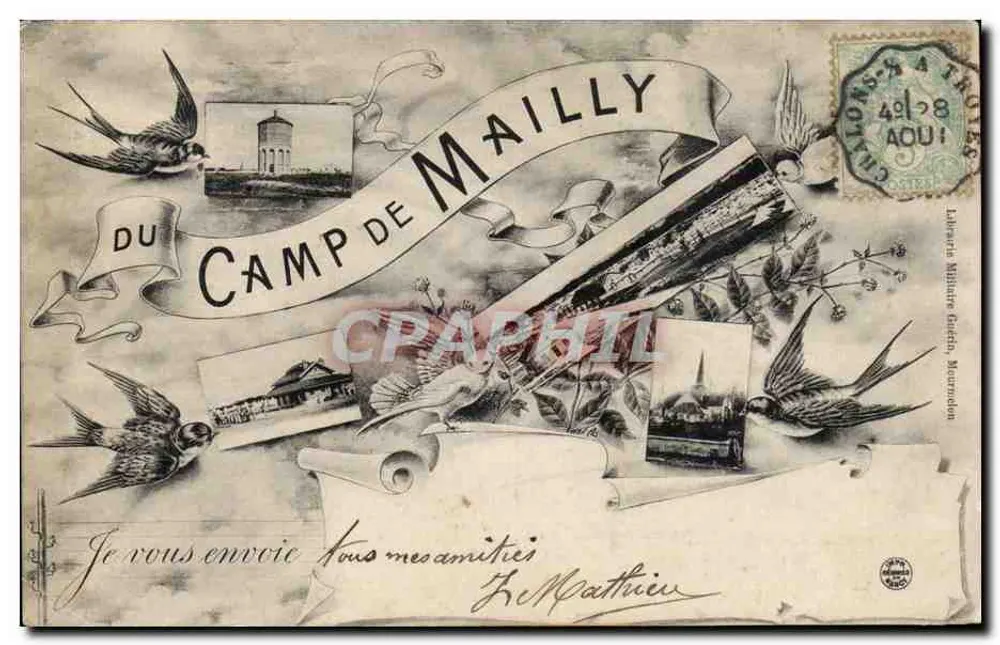 Campo de Maillé — vista decorativa com pássaros — Livraria Militar Guedel, Nîmes - Frente