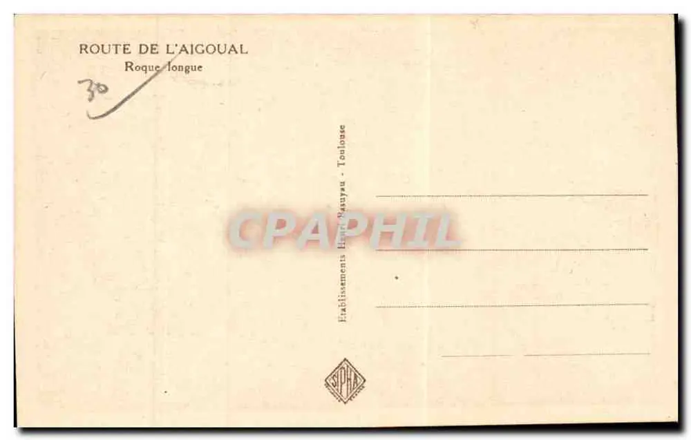 Estrada do Aigoual — Roque-Toussou — Editor Henri Natuyau, Toulouse - Verso