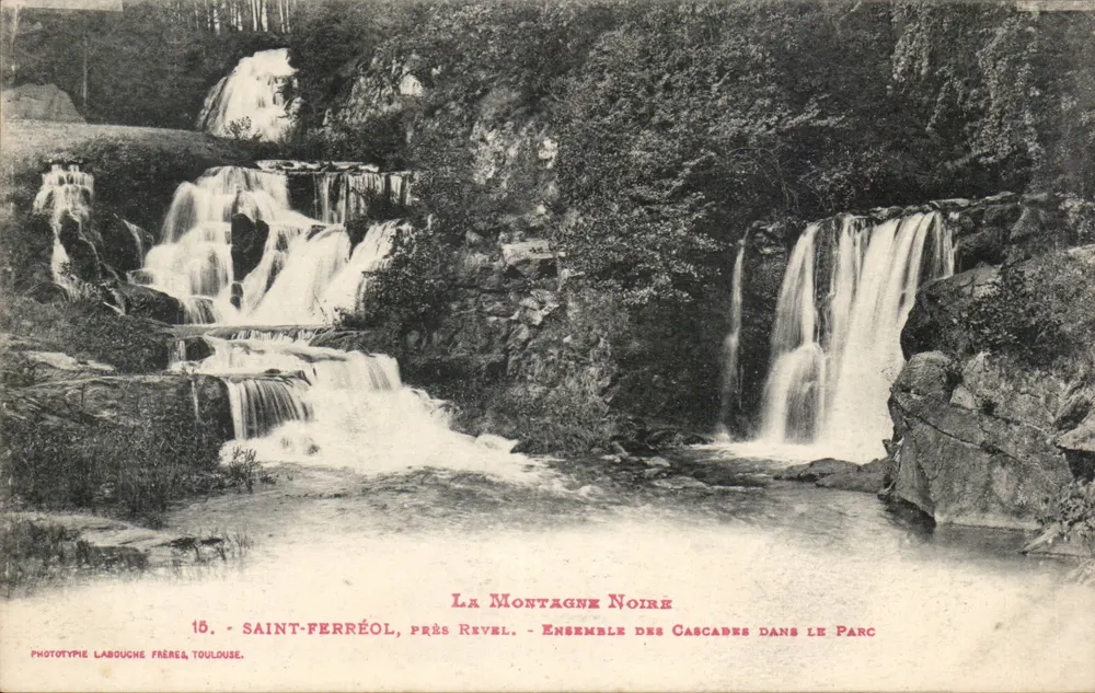 La Montagne Noire — Ensemble der Wasserfälle im Park — Phototypie Labouche Frères, Toulouse, n°15 - Vorderseite