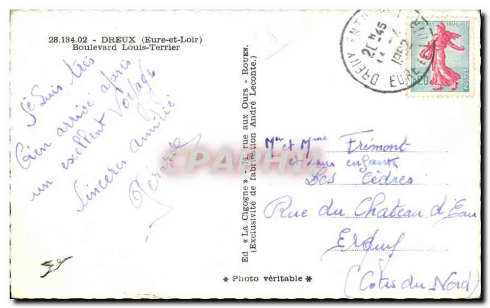 Vista de Dreux — Boulevard Louis-Terrier — Ed. La Cigogne - Verso
