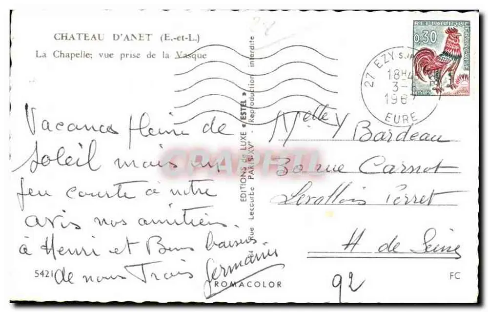 Castelo d'Anet (E.-et-L.) — La Chapelle, vista tirada da Vasque — Editor: Edições de Luxo - Verso
