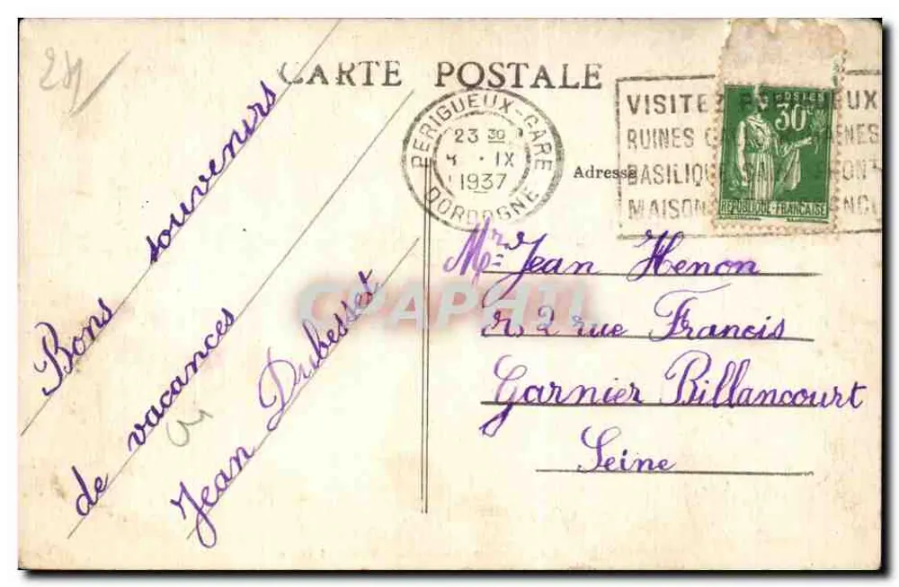 Périgueux — O Teatro e a Correios — Editor: B. Roman Jourdan, n° 160 - Verso