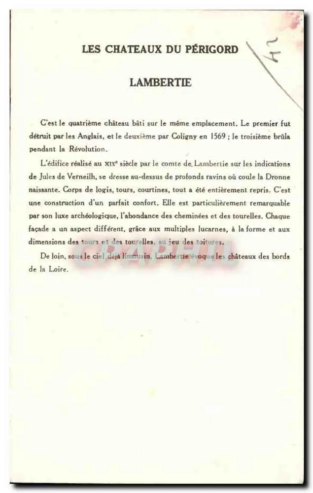 Os Castelos do Périgord — Castelo de Lambertié — 9ª Série, editor Lambertié - Verso