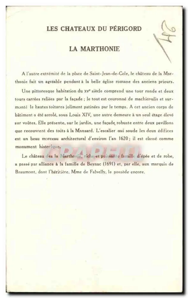 Die Schlösser des Périgord — La Marthonie — Sammlung von Solution Pauwulberre, 9. Serie - Rückseite