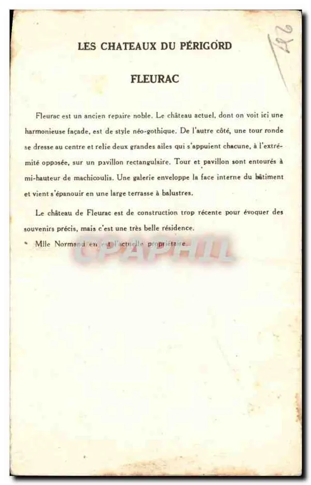 Castelo de Fleurac — Os Castelos do Périgord — Coleção da Solution Pauanberge, 10ª Série - Verso