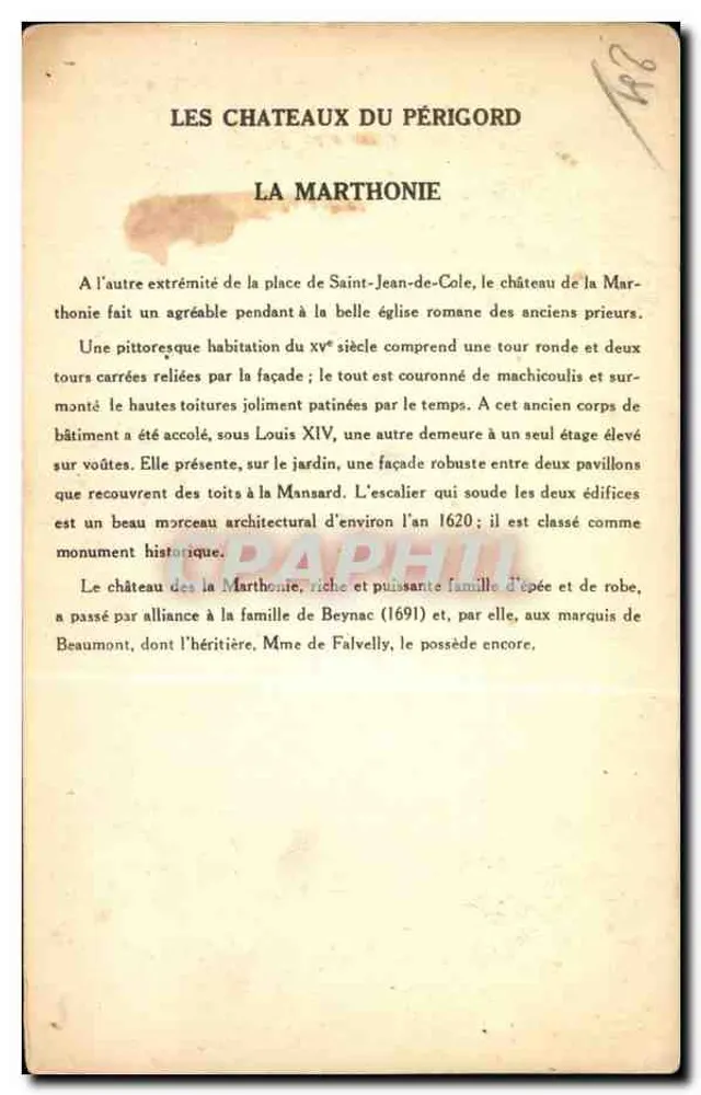 Die Schlösser des Périgord — La Marthonie — Sammlung Pauautercre, 9. Serie - Rückseite
