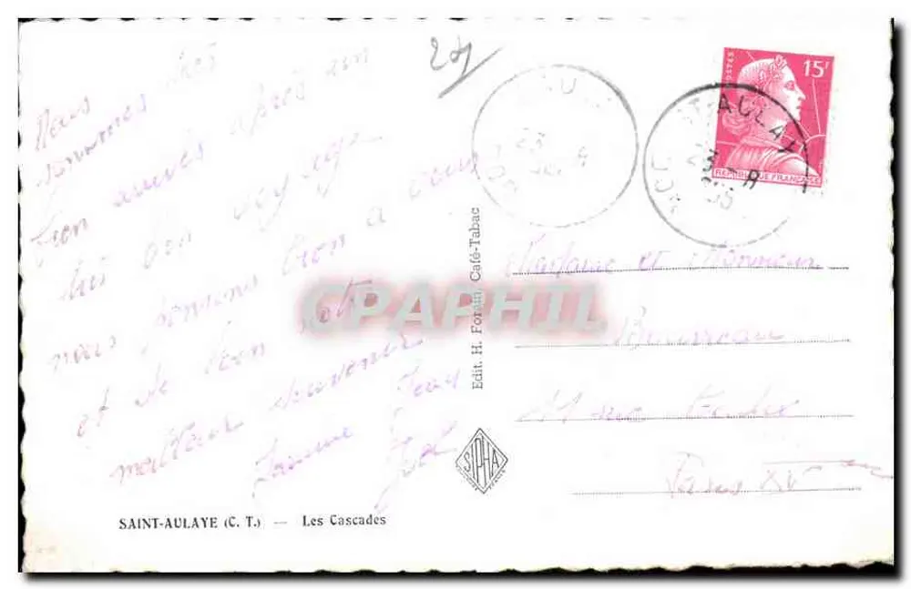 Saint-Aulaye (C.T.) — As Cataratas — Ed. H. Fortin Café-Tabac - Verso