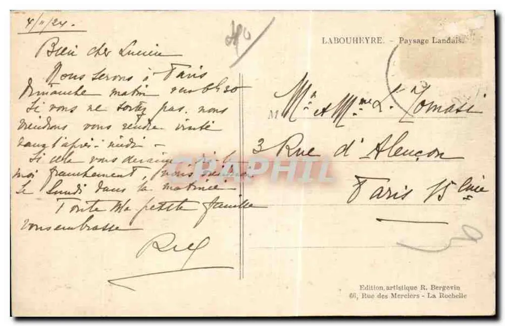 Paisagem Landaise — Editor artístico R. Bergovin, n° 9882 - Verso