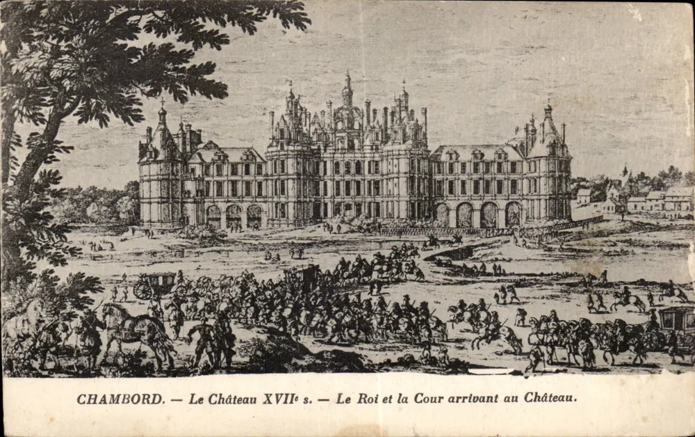 Chambord — Das Schloss 17. Jahrhundert — Der König und die Hofhaltung erreichen das Schloss. - Vorderseite