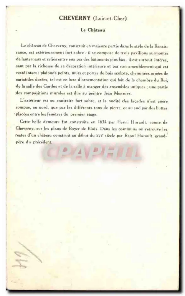 Cheverny (Loir-et-Cher) — O Castelo — Coleção da Solution Parisberge, 1ª Série - Verso