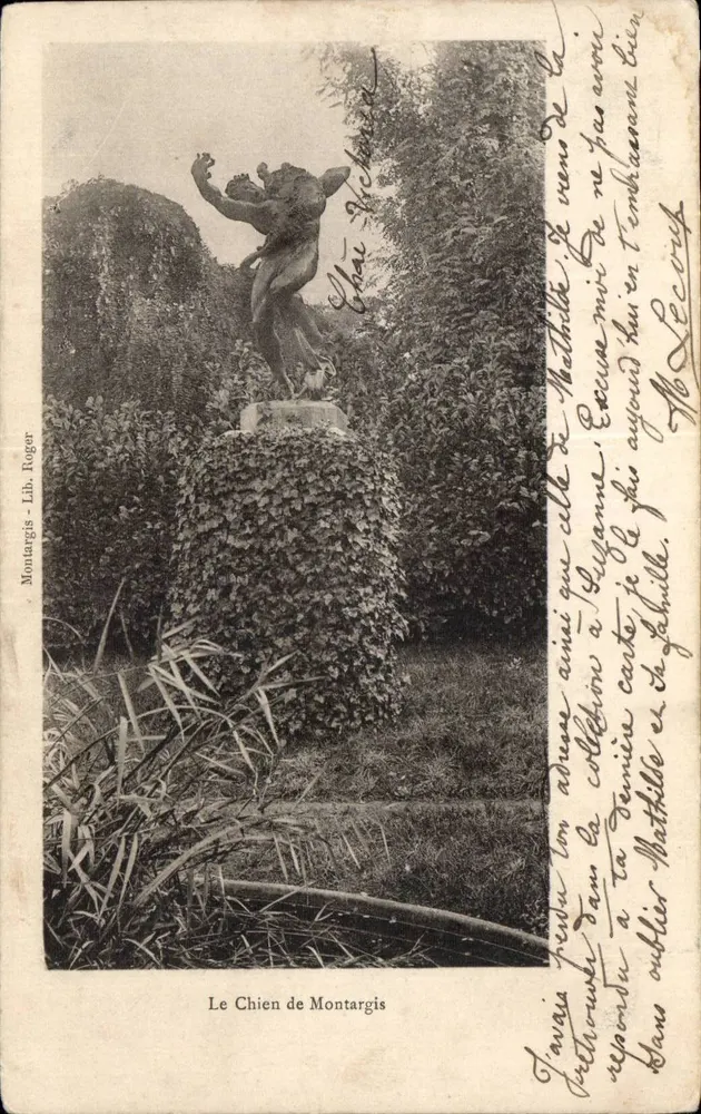 O Cão de Montargis — estátua no jardim — Lib. Roger - Frente