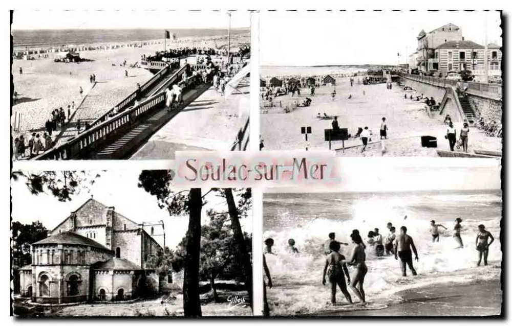 Soulac-sur-Mer — Blick auf den Strand, den Hafen, die Kirche und Badeleute — Éditions Gilbert - Vorderseite