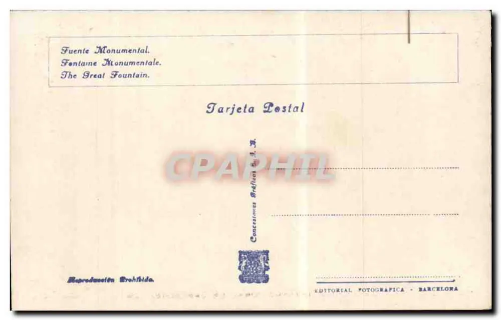 Internationale Ausstellung von Barcelona 1929 — Monumentale Fontäne — Editorial Fotográfica Barcelona, n° 108 - Rückseite