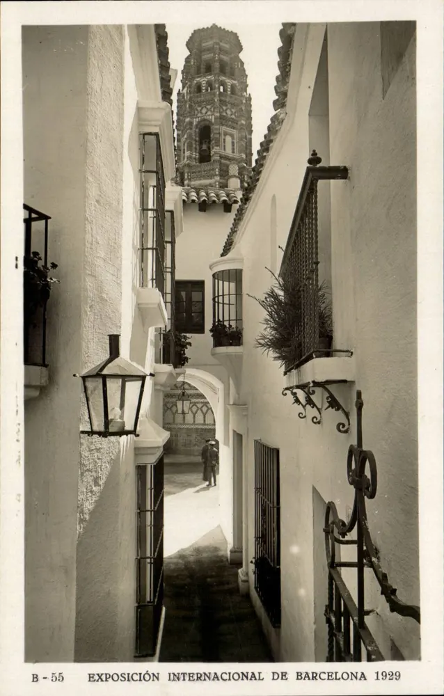 Calle de los Arcos und Campanario de Utebo — Internationale Ausstellung von Barcelona 1929 — Editorial Fotocinética, B-55 - Vorderseite