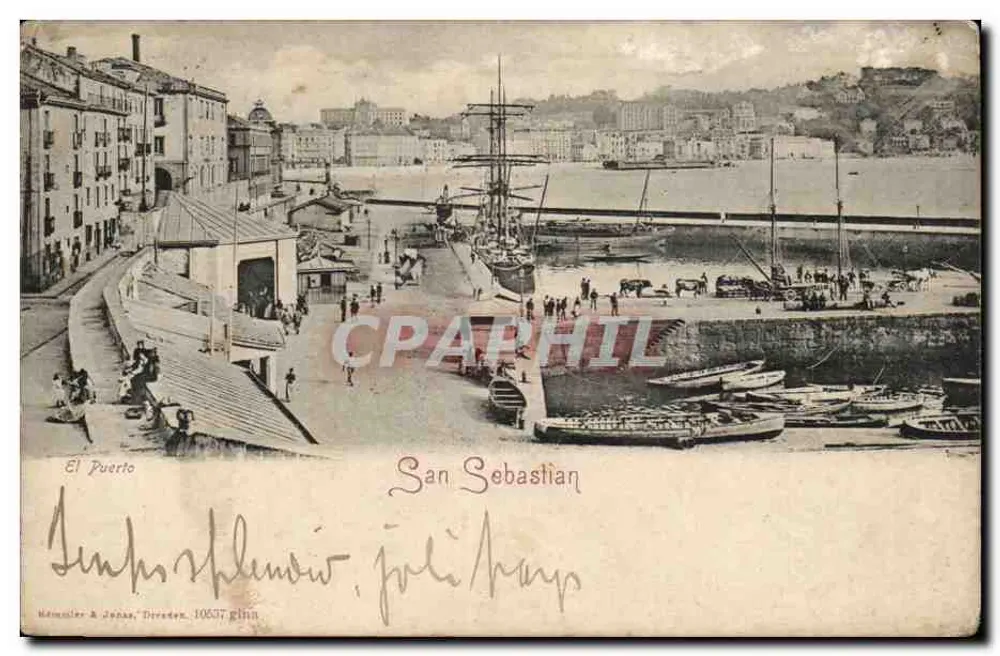 Der Hafen von San Sebastián — Ansicht des Kai und der Boote — Verlag Hémoisler & Jonas, Serie 10637 - Vorderseite