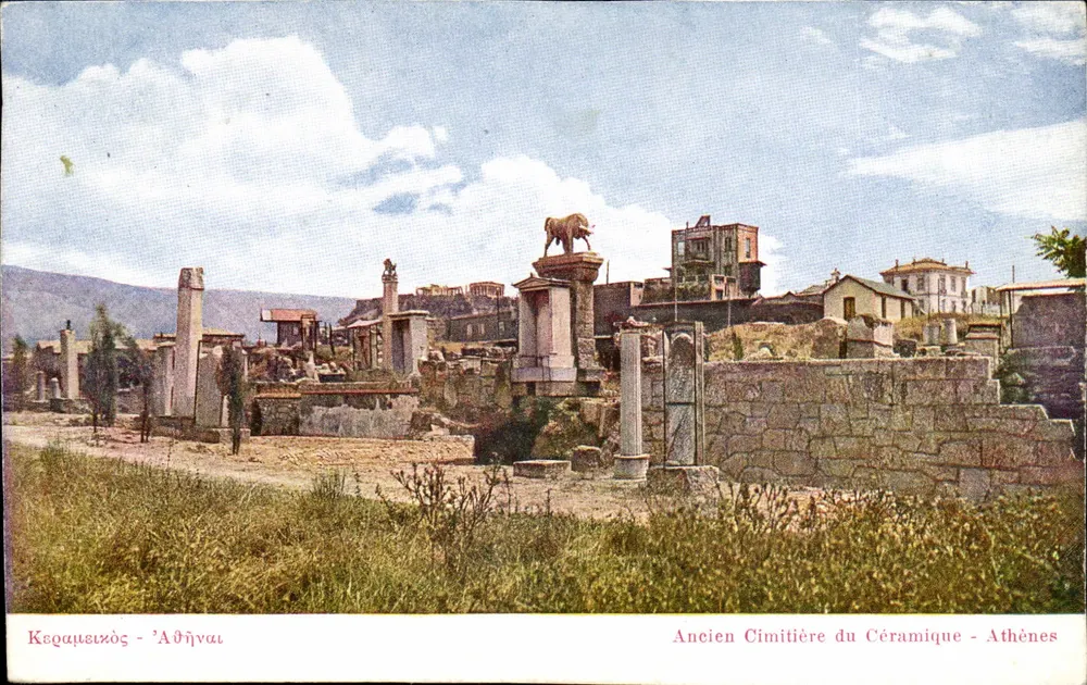 Altes Friedhof Céramique - Athen — Ansicht der Ruinen und eines Steinlöwen — unbekannter Verleger - Vorderseite