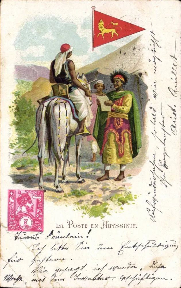 La Poste en Abyssinie — Scène de courrier avec drapeau du lion — éditeur EF. ENSLEY, Paris - Anverso