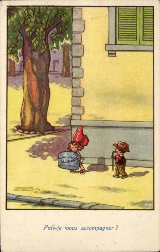 Kinder auf einer Straße — Straßenszene mit einem Baum und einem Fenster mit Lamellen — Verlag Modas, Nr. 1785-4 - Vorderseite