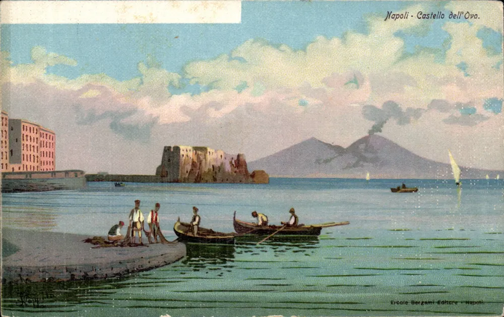 Naples - Schloss Ovo — Ansicht mit dem Vesuv im Hintergrund — Ercole Bergami, Verleger, Neapel - Vorderseite