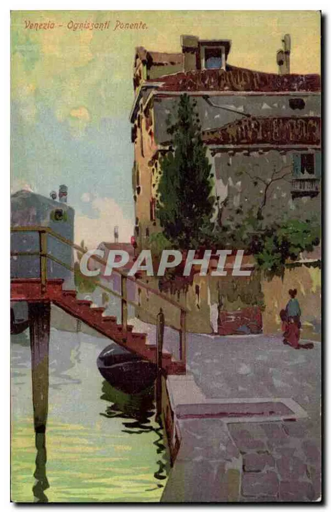 Venedig - Ognissanti Ponente — Ansicht eines Kanals mit Ponton und Boot — unbekannter Verlag - Vorderseite