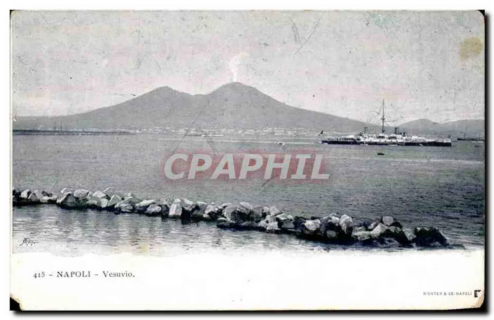 Neapel - Vesuvio — Ansicht des Vulkans mit einem Schiff — Richter & C°, Napoli, n° 415 - Vorderseite