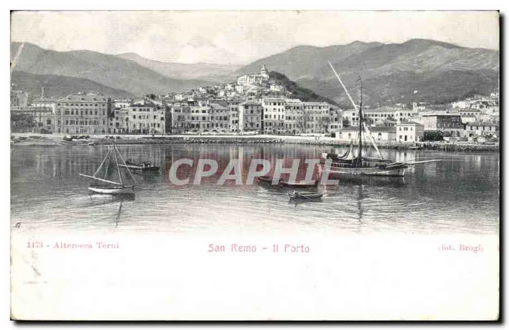 San Remo - Il Porto — Ansicht des Hafens mit Bergen im Hintergrund — Verlag Broggi, Seriennummer 1473 - Vorderseite
