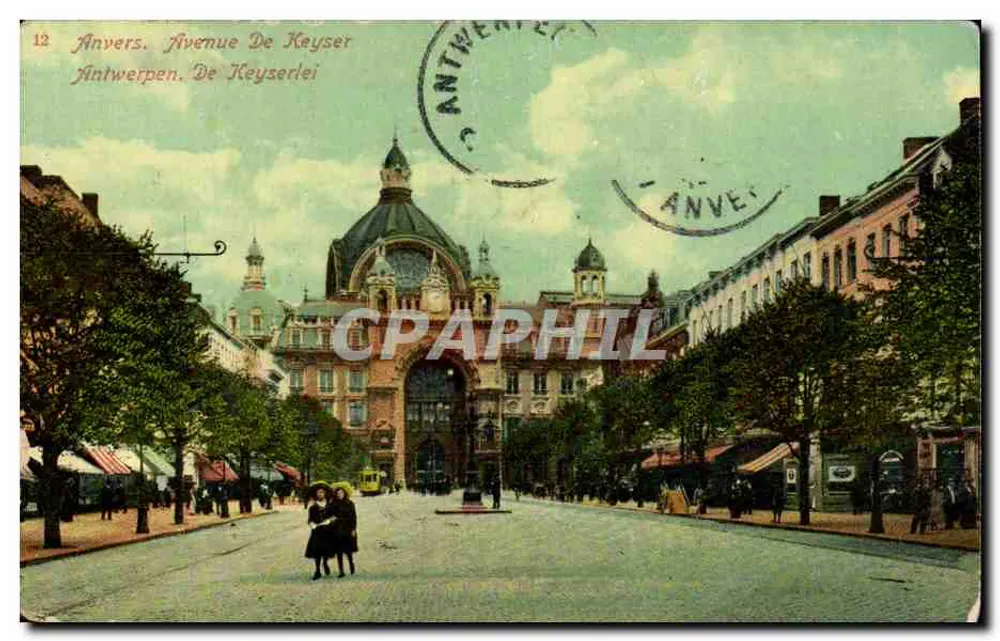 Antwerpen. Avenue De Keyser — Ansicht der Avenue mit Verlag 'J.B. Verhoeven, Uitg., Antwerpen' und Nummer 12 - Vorderseite