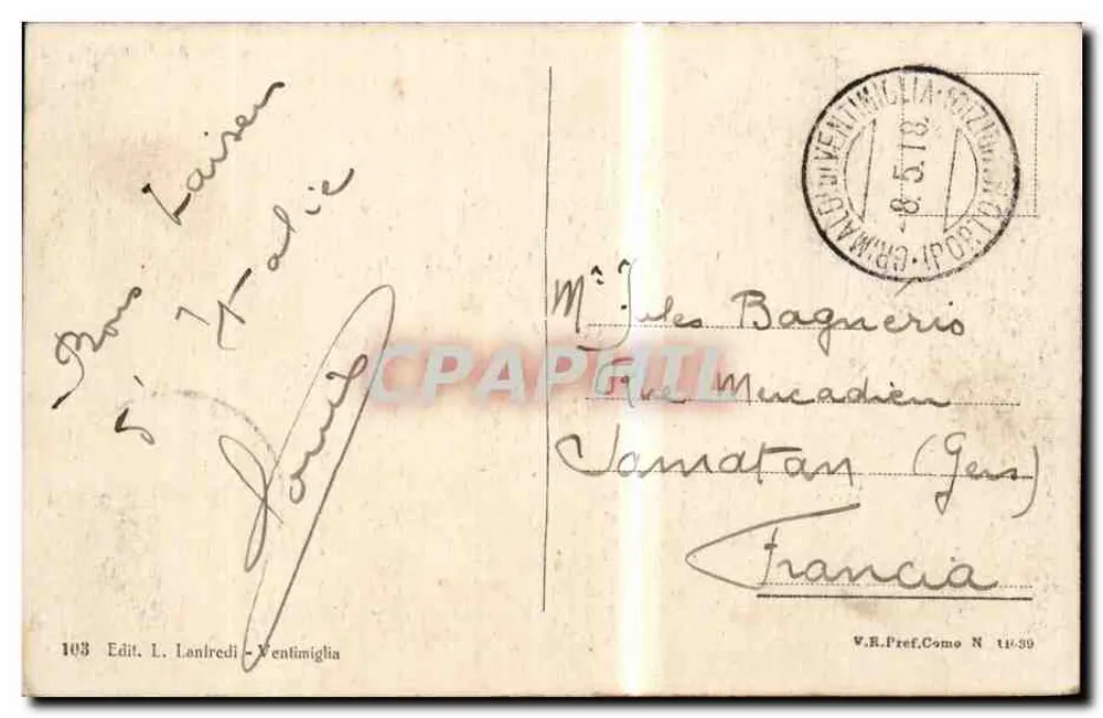 Ansicht von Ventimiglia — Palme und Terrassen — Edit. L. Lanfredi, n°103 - Rückseite