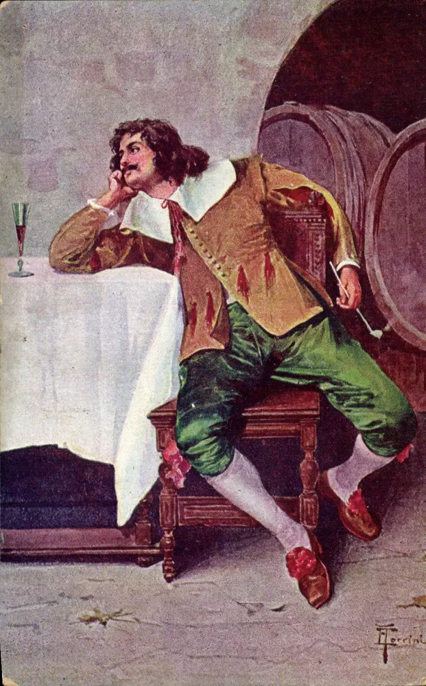 Mann in historischem Anzug in einer Keller — Zeichnung von F. Fercini — Verlag Moka Leroux - Vorderseite