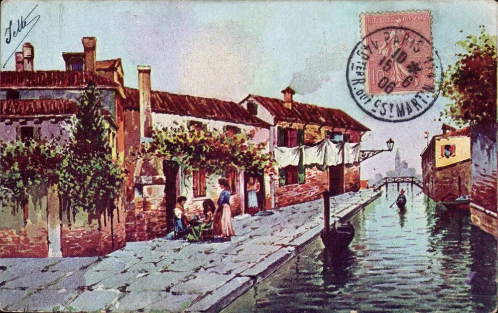 Cidade de Veneza — Canal com gôndola e habitantes — editor J. Lelle, número de série não visível - Frente