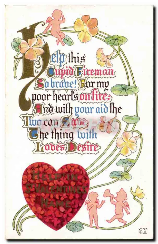 Cupid und der Feuerwehrmann — Valentine — V-47, Verlag C.A. - Vorderseite