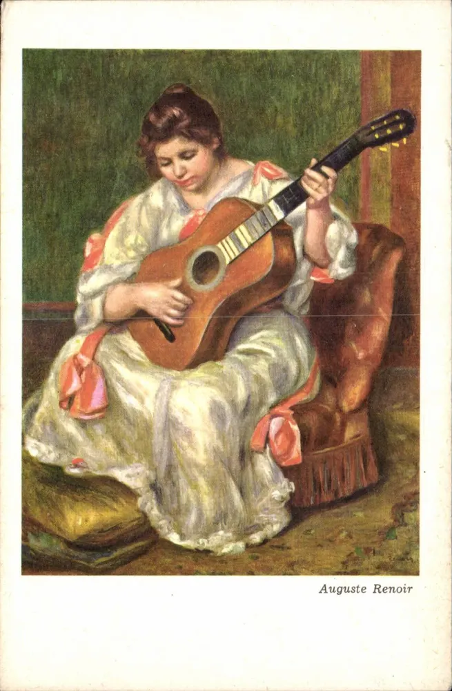 Jovem mulher tocando violão — reprodução de uma pintura de Auguste Renoir — editor não visível - Frente