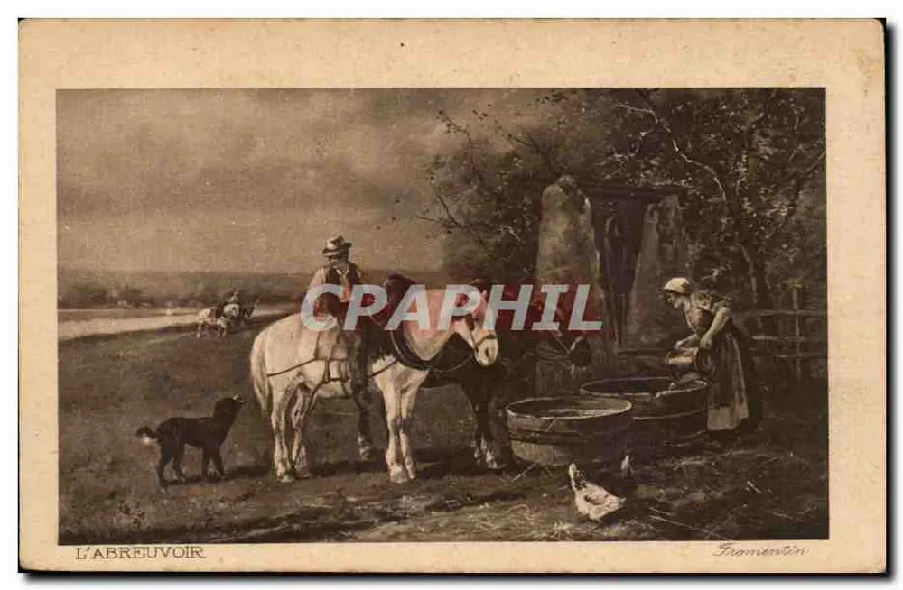 O ABREUVOIR — cena de campo com cavaleiro, mulher e animais — Fromentin - Frente