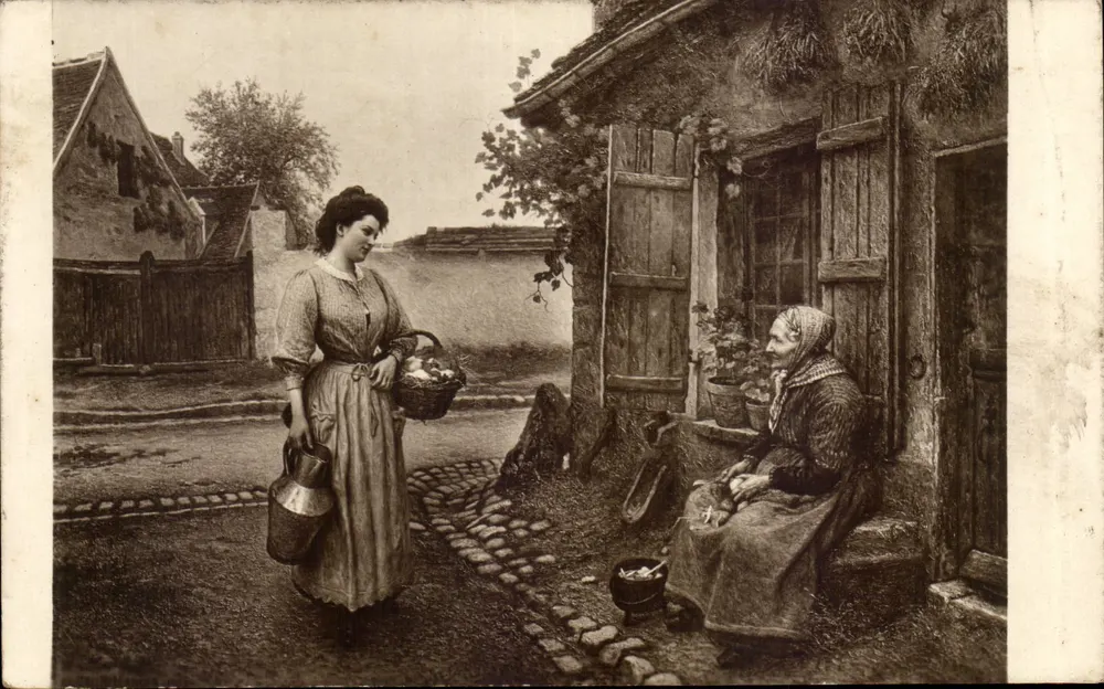 Frau mit Korb und Eimer — Dorfszene — C. Bellanger, Paris - Vorderseite