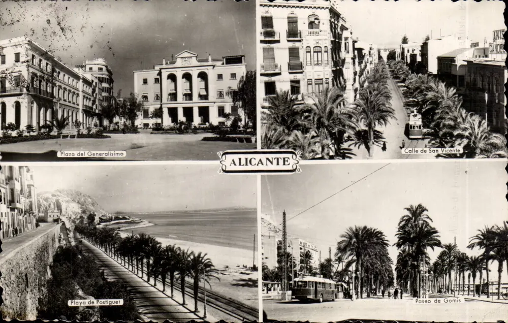 Alicante — vista da Plaza del Generalísimo, Calle de San Vicente, Playa de Postiguel e Paseo de Gomis — editor ANIS BANDELS - Frente