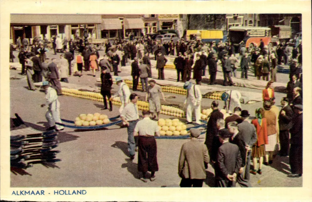 Markt von Alkmaar - Holland — lebendige Szene mit Händlern und Kunden — unbekannter Verleger - Vorderseite