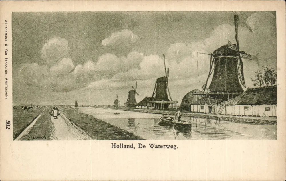 Holland, De Waterweg — Landschaft mit Windmühlen und Kanal — Verlag Abrahamson & Van Straaten, Amsterdam, n° 502 - Vorderseite