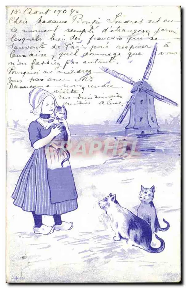Frau mit Katzen vor Mühle — niederländische Szene — Verlag B. K. W. 1 598-4 - Vorderseite