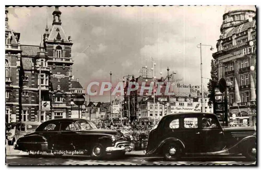 Amsterdam, Leidscheplein — widok miejski z samochodami z epoki — Echte Foto Rotterdam, Rotterdam, N.V. - Awers