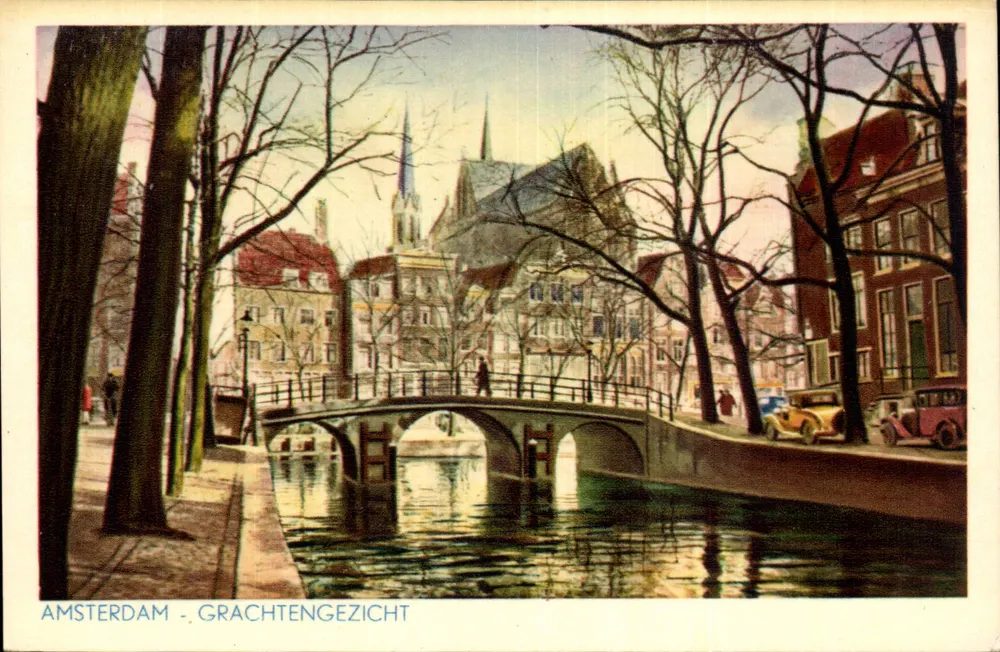 Amsterdã - Grachtengezicht — vista de canais com ponte e igreja — editor não visível - Frente