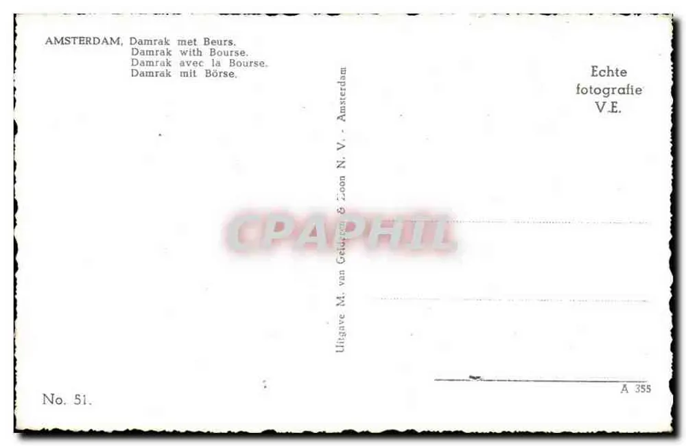 Amsterdam, Damrak com Beurs — vista da Bolsa — editor M. van Gelder & Zoon N.V., n° 51 - Verso