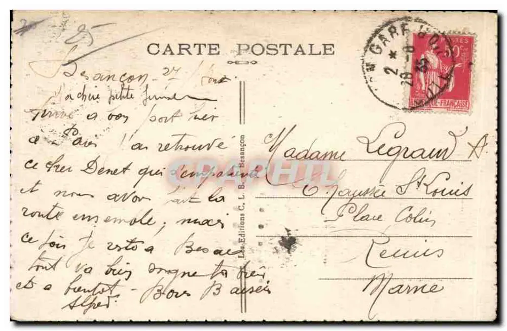 Besançon les-Bains — Estátua de Victor-Hugo — Edições C. L. Besançon, n°27 - Verso