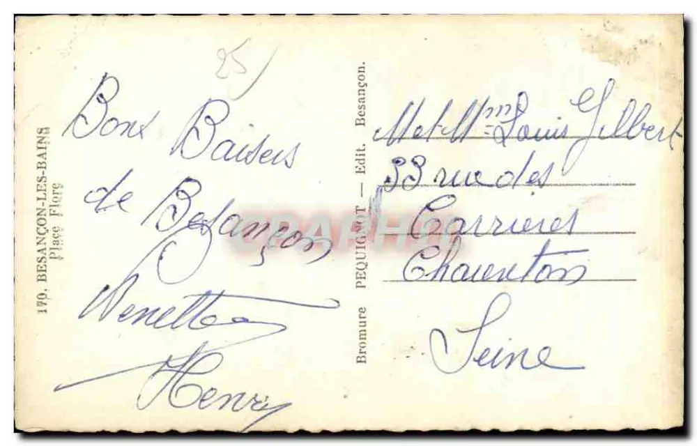 Place de Besançon — Fontaine monumental com estátua — editor Péguin, n°179 - Verso