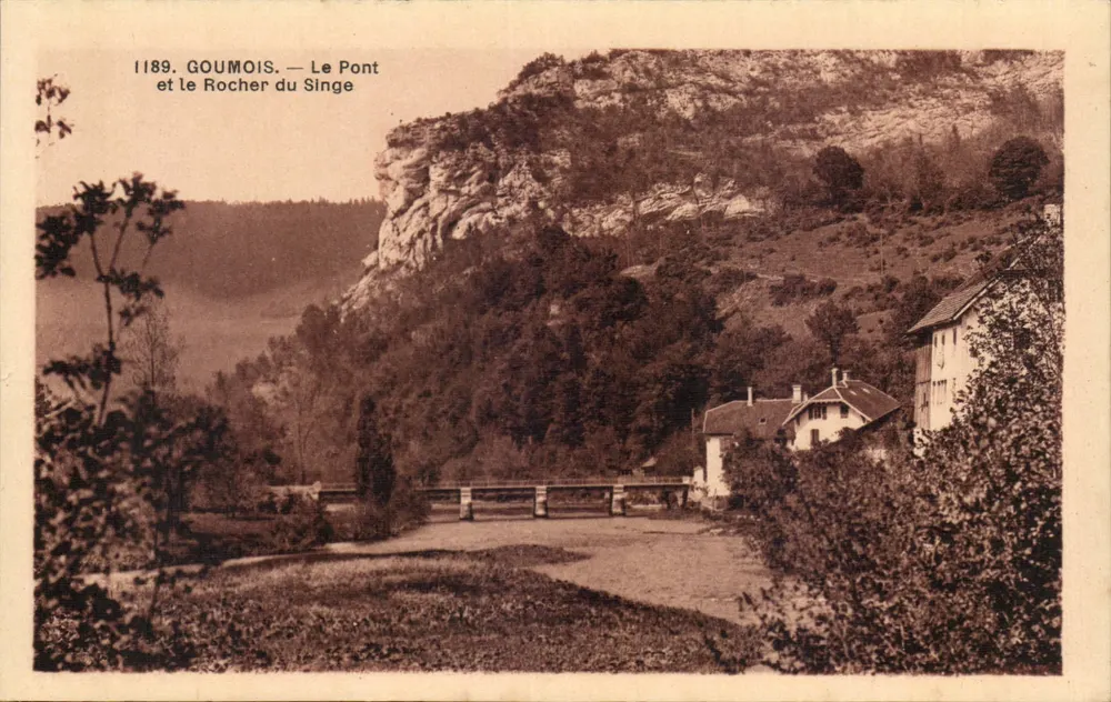 Goumois — O Ponte e o Rocher du Singe — Cliclé Simon Frères, editor. Matché, Doubs - Frente