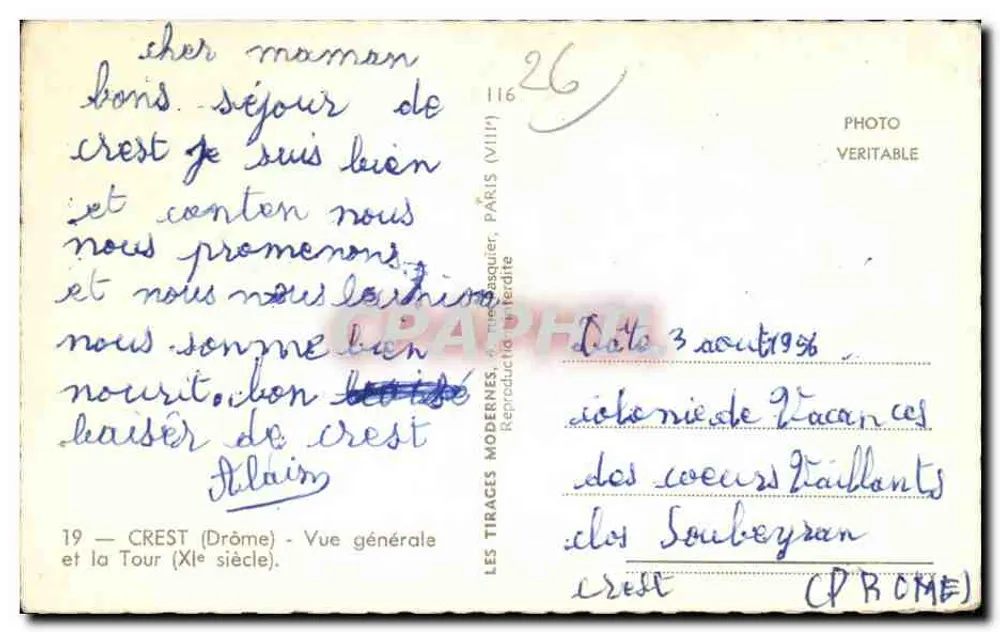 Crest (Drôme) — Vista geral e a Torre (século XII) — Les Tirages Modernes, Paris - Verso