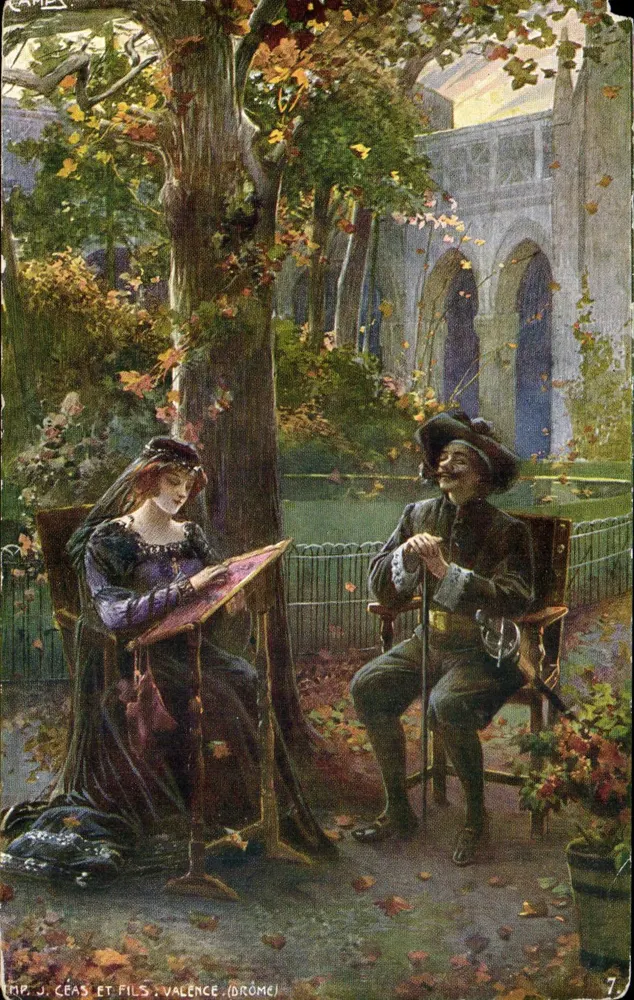 Jovem mulher e homem em traje histórico — cena de outono — J.P. J. CÉAS ET FILS, VALENCE (DRÔME), n°7 - Frente