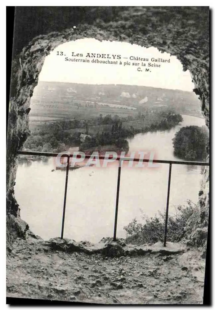 Les Andelys — Château Gaillard, unterirdischer Ausgang abrupt über die Seine — C. M. - Vorderseite
