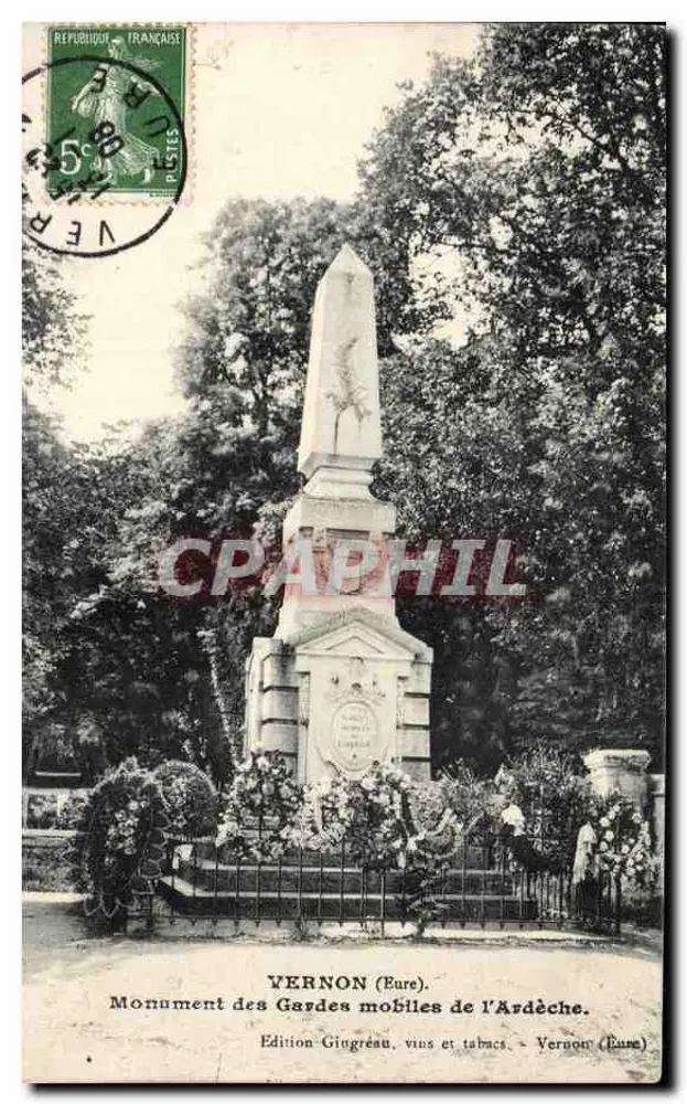 Vernon (Eure) — Denkmal der Mobile Gardes der Ardèche — Édition Gingréau, Weine und Tabakwaren - Vorderseite