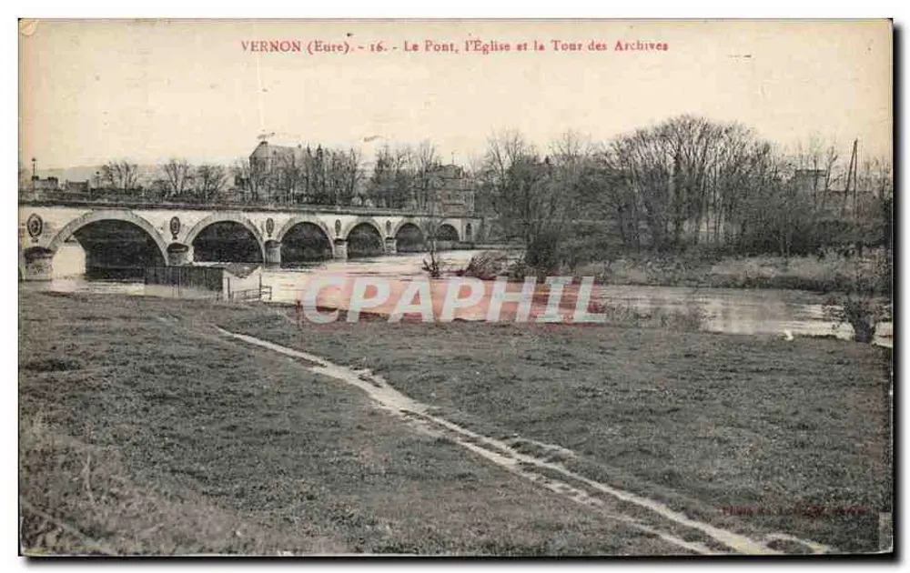 Vernon (Eure) - Der Brücke, die Kirche und der Turm der Archive - Vorderseite