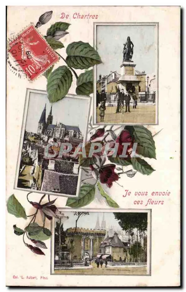 Van Chartres — uitzicht op de kathedraal, het monument en de plein — Col. L. Aubart, Phil. - Voorkant